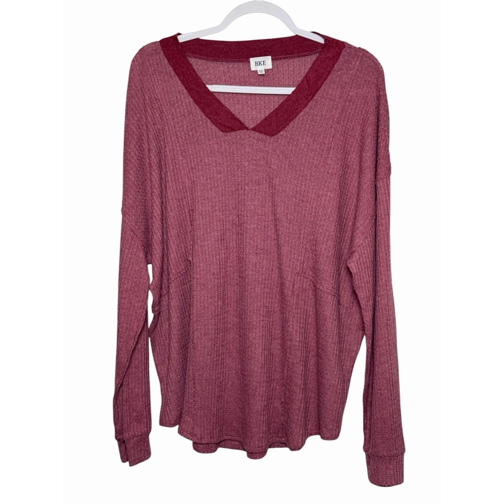 BKE Women's XXL Mauve Waffle Knit Top V Neck Oversized Boho